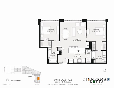 Floor plan for 2 beds, 2 baths, 1150 sqft